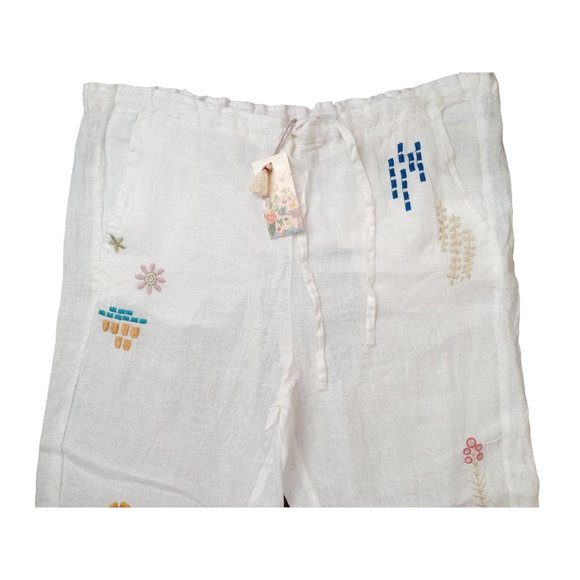 Johnny Was Embroidered Pants BIYA Elektra Large White Linen Drawstring B63422-2 - Picture 4 of 11
